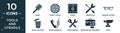 filled tools and utensils icon set. contain flat combs, target circles, doors, reparation, reading glasses, trash can open, phone