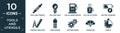 filled tools and utensils icon set. contain flat tools and utensils, eco light bulb, fuel oil bomb service, hot cup of coffee,