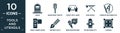 filled tools and utensils icon set. contain flat grave, semaphore traffic lights, tablet with hand, iron board, compass