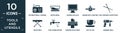 filled tools and utensils icon set. contain flat international journal by radio, water bowl, screen in black, engine with lighting Royalty Free Stock Photo