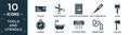 filled tools and utensils icon set. contain flat postage, open scissors, film strip photograms, body thermometer, auger, cardinal