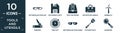 filled tools and utensils icon set. contain flat rectangular eyeglass frame, face down floppy disk, tray for papers, bag with big