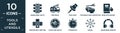 filled tools and utensils icon set. contain flat semaphore lights, firetruck, push pins, two bowls and chopsticks, book with mouse