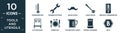 filled tools and utensils icon set. contain flat thermometers, spanner settings button, moustaches, large spoon, mercury