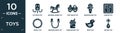 filled toys icon set. contain flat octopus toy, rocking horse toy, fire truck toy, microphone shapes circle skipping rope sand