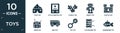 filled toys icon set. contain flat tent toy, etch a sketch toy, puzzle toy, robot castle drum bus xylophone submarine icons in