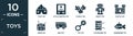 filled toys icon set. contain flat tent toy, etch a sketch toy, puzzle toy, robot castle drum bus xylophone submarine icons in Royalty Free Stock Photo