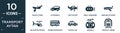 filled transport aytan icon set. contain flat dugout canoe, automobile, crop duster, small submarine, airplane of paper sheet,