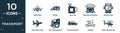 filled transport icon set. contain flat airplanes, trucks, gas can, theater on wheels, frontal bus, airplane flight, car tire