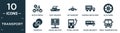 filled transport icon set. contain flat bicycle rental, yacht navigate, air transport, shipping and delivery, alloy wheel,