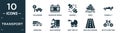 filled transport icon set. contain flat car parking, workshop repair, seatbelt, ferry, formula 1, bobsleigh, road sweeper, baby