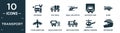 filled transport icon set. contain flat car repair, gas truck, small helicopter, van front view, blimp, flying aeroplane top view