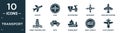 filled transport icon set. contain flat flights, slim, scooter bike, movement, airplane pointing up, ferry carrying cars, auto,