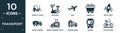 filled transport icon set. contain flat forklift truck, exercises, null, minerals, space craft, water carrier, media company truck