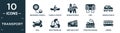 filled transport icon set. contain flat measuring utensils, canoe & athlete, woman in space, fuse, terrain vehicle, null, boat