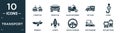 filled transport icon set. contain flat streetcar, front car, black motorbike, cat food, hooks, rowboat, launch, vehicle steering