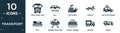 filled transport icon set. contain flat truck front view, null, battleship, fighter, car with luggage, null, unidentified flying,