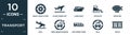 filled transport icon set. contain flat wheel vehicle part, plane taking off, large boat, excavate, zeppelins, null, zero emission