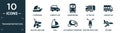 filled transportation icon set. contain flat catamaran, compact car, underground, litter car, camper car, military airplane, yawl