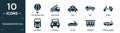 filled transportation icon set. contain flat hot air balloon, fire truck, taxi, suv, vespa, monorail, off road, jet ski, caboose,