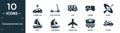 filled transportation icon set. contain flat hybrid car, kick scooter, van, tanker, kayak, boat, catamaran, aeroplane, wagon,