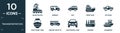 filled transportation icon set. contain flat inline skates, minibus, suv, ferry boat, off road, boat front view, airport shuttle,