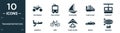 filled transportation icon set. contain flat motorbike, trolleybus, schooner, cargo ship, chairlift, gondola, bike, hang glider,