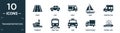 filled transportation icon set. contain flat road, car, haul, yawl, camper car, tugboat, light rail, cab, cargo truck, patrol car