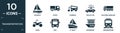 filled transportation icon set. contain flat sailboat, truck, zamboni, police car, eighteen-wheeler, quad, bus, pt boat, houseboat