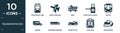 filled transportation icon set. contain flat tram front view, army airplane, haul, ticket booth with cross, metro, hearse,