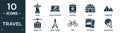 filled travel icon set. contain flat christ, online booking, packing, igloo, landmark, cable car, eiffel tower, bike, polaroid, Royalty Free Stock Photo