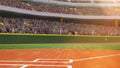 Filled tribune of sport fans. 3D render of baseball open air arena, stadium. Daytime game Royalty Free Stock Photo