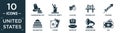 filled united states icon set. contain flat thanksgiving day, statue of liberty, flag day, golden gate, cracker, washington,