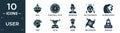 filled user icon set. contain flat kasa, round wall clock, indonesian, face treatments, extreme sports, punk, satyr, baker, ninja