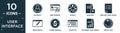 filled user interface icon set. contain flat accounts, web crawler, wheels, new page, page with one curled corner, gross pencil,