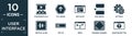 filled user interface icon set. contain flat conference hall, top arrow, note blog, page break, settings, vertical align, text in