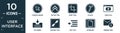 filled user interface icon set. contain flat cursor arrow, top button, crop tool, italics, video file, file inbox, expand tool,