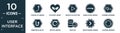 filled user interface icon set. contain flat curved up arrow with broken line, ecologic heart, movie play button, undulating arrow