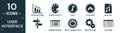 filled user interface icon set. contain flat decreasing bars chart, painter palette, italic, up chevron, music file, , window
