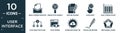 filled user interface icon set. contain flat email opened envelope, binary data search, writing square, slide right, dual stream