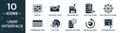 filled user interface icon set. contain flat grid off, new email filled envelope, uploading file, data collection, data analytics