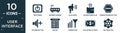 filled user interface icon set. contain flat tiny power, internet modem, loud audio, shaped paper clip, remove round button,