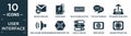 filled user interface icon set. contain flat unlock envelope, power bank, delete round button, two chat bubbles, uploading from