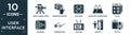 filled user interface icon set. contain flat video camera from side view, images interface, one hund, image with mountains, to do