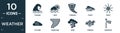 filled weather icon set. contain flat tsunami, haze, tornado, foggy, frost, cyclone, hurricane, wind, isobars, windsock icons in