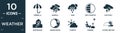 filled weather icon set. contain flat umbrella, rainfall, rain, first quarter, light bolt, earthquake, waxing moon, climate, Royalty Free Stock Photo