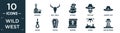 filled wild west icon set. contain flat whiskey, bull skull, stones, outlaw, sheriff hat, noose, coffin, wanted, dunes, watertower