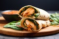 a filled wrap with vegan chicken and sriracha