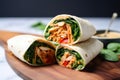 a filled wrap with vegan chicken and sriracha