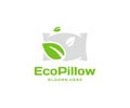 Filler of a soft pillow from eco materials logo design. Hygiene pillow with leaves graphic design